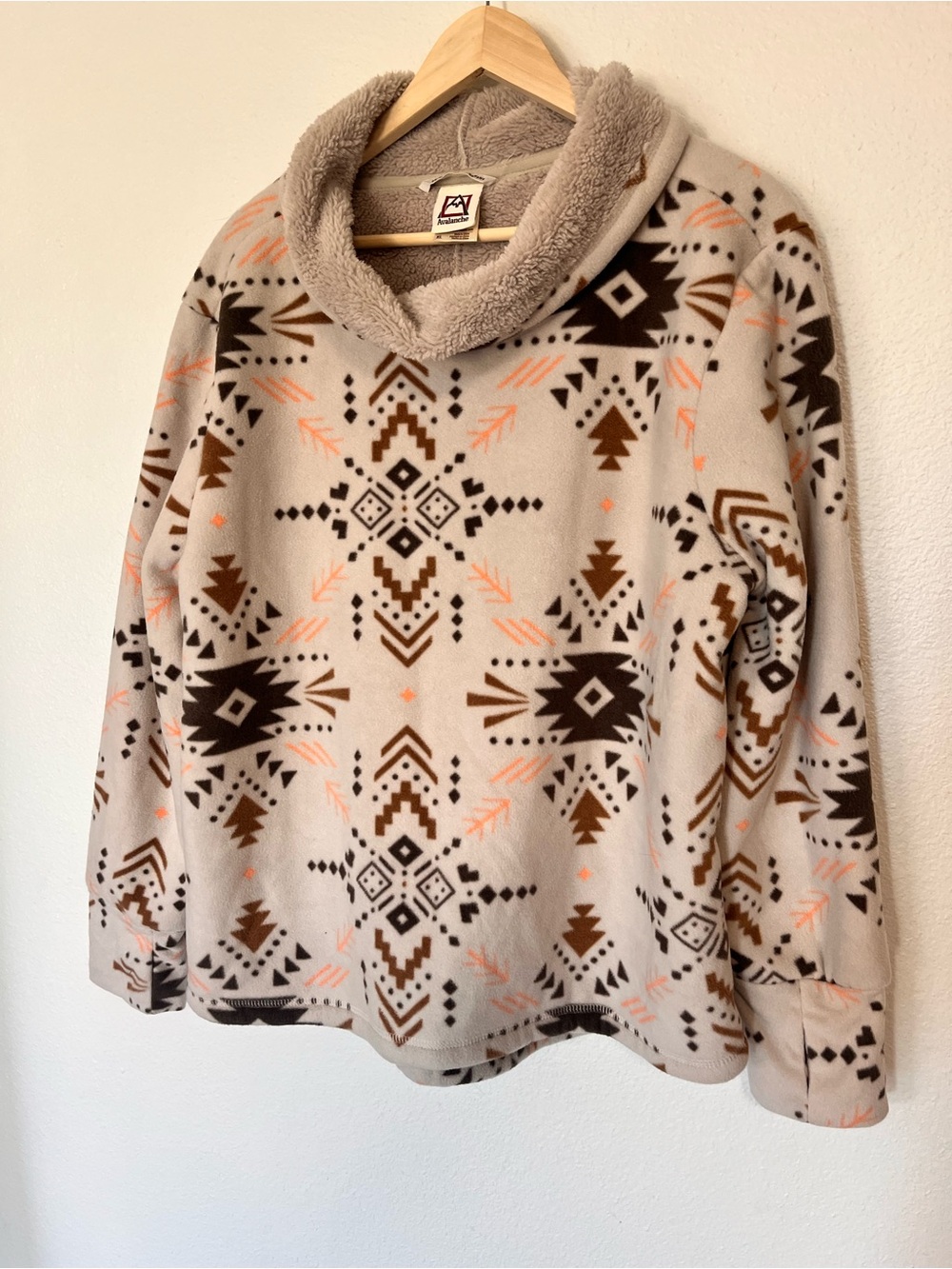 Avalanche Aztec Sherpa Cowl Pullover in Taupe, Brown & Peach